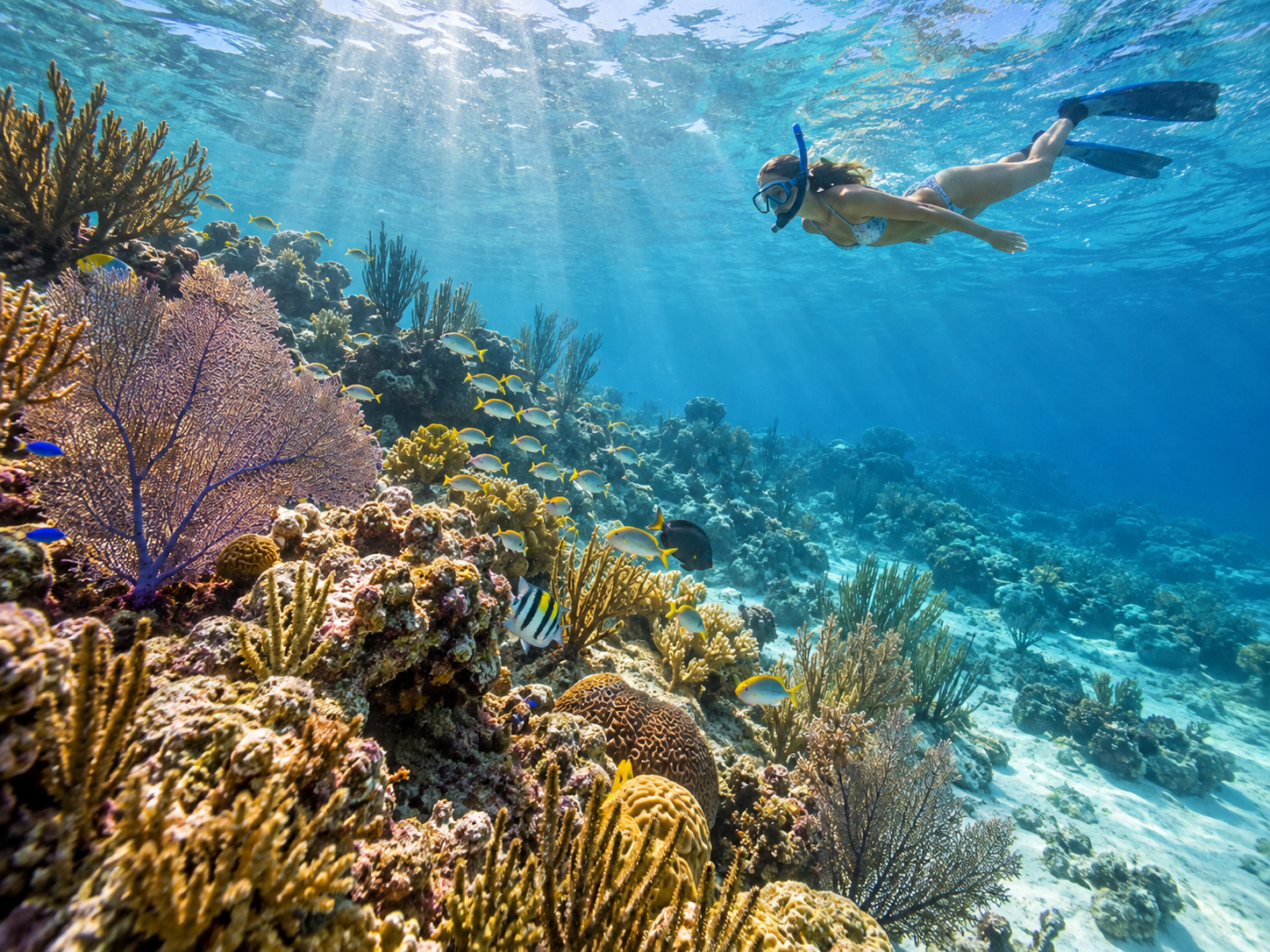 Snorkeler floating above a colorful Caribbean coral reef